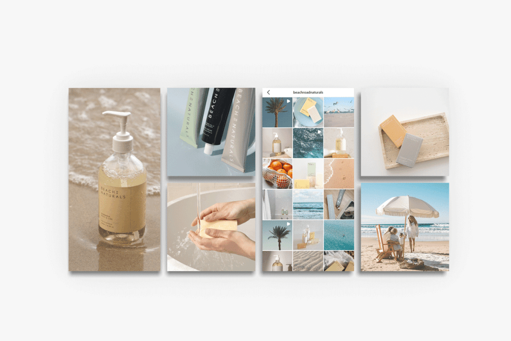 grid of beach and soap product images on a grey background to showcase the cosmetic brand, beach road naturals
