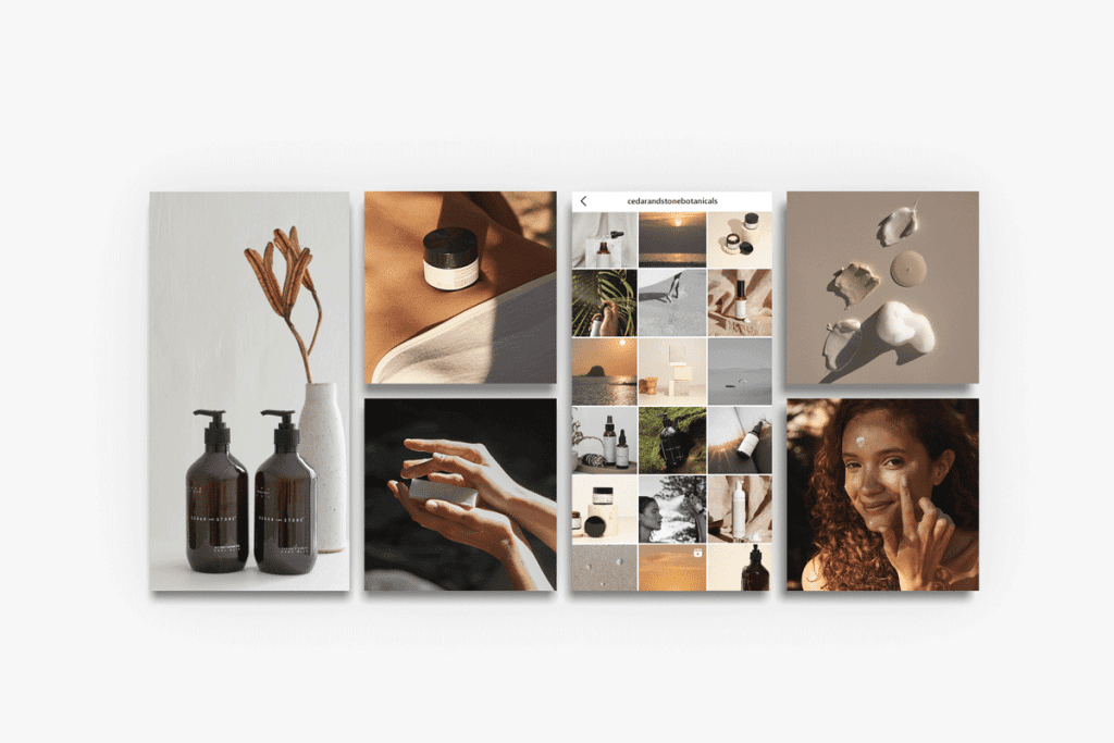 Instagram grid of beach and moisturiser cream product images on a grey background to showcase the cosmetic brand, cedar and stone