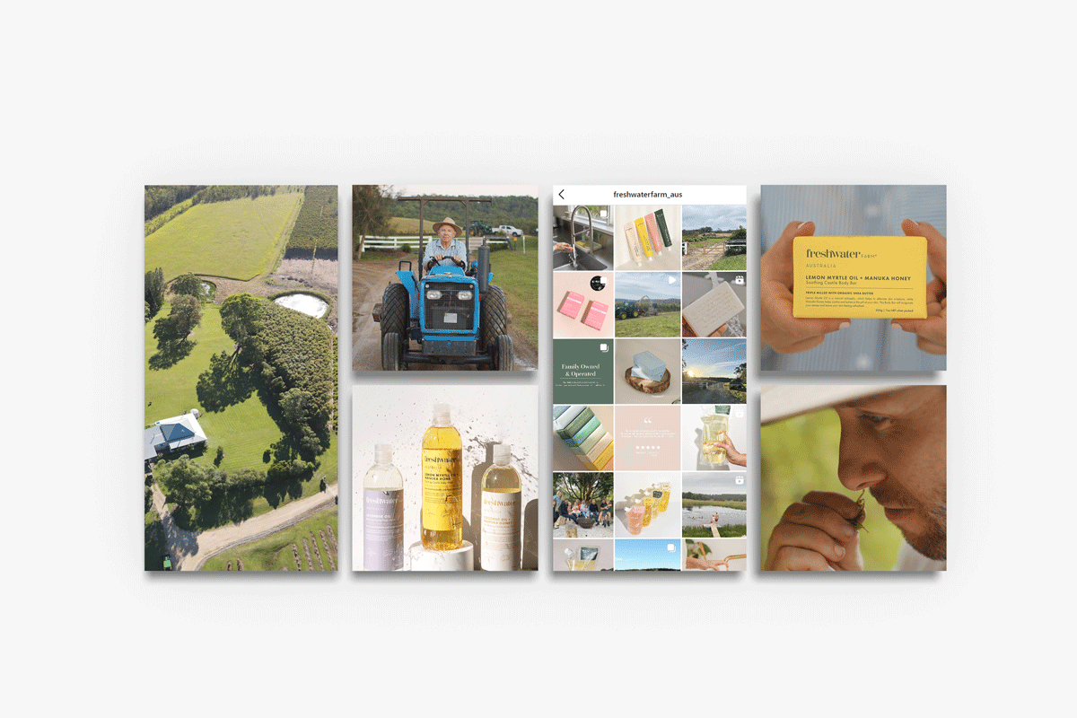 Instagram grid of farm and soap product images on a grey background to showcase the cosmetic brand, freshwater farm