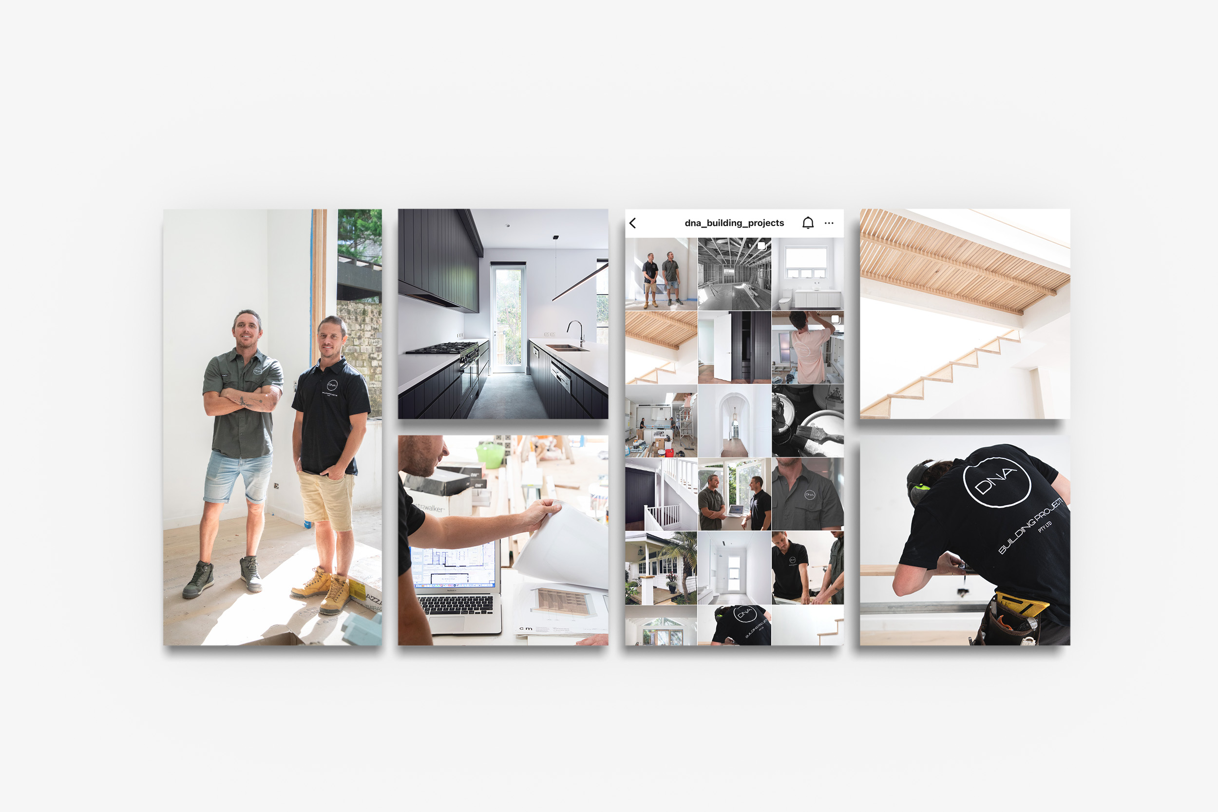 Instagram grid of renovation and home images to showcase the construction company, DNA