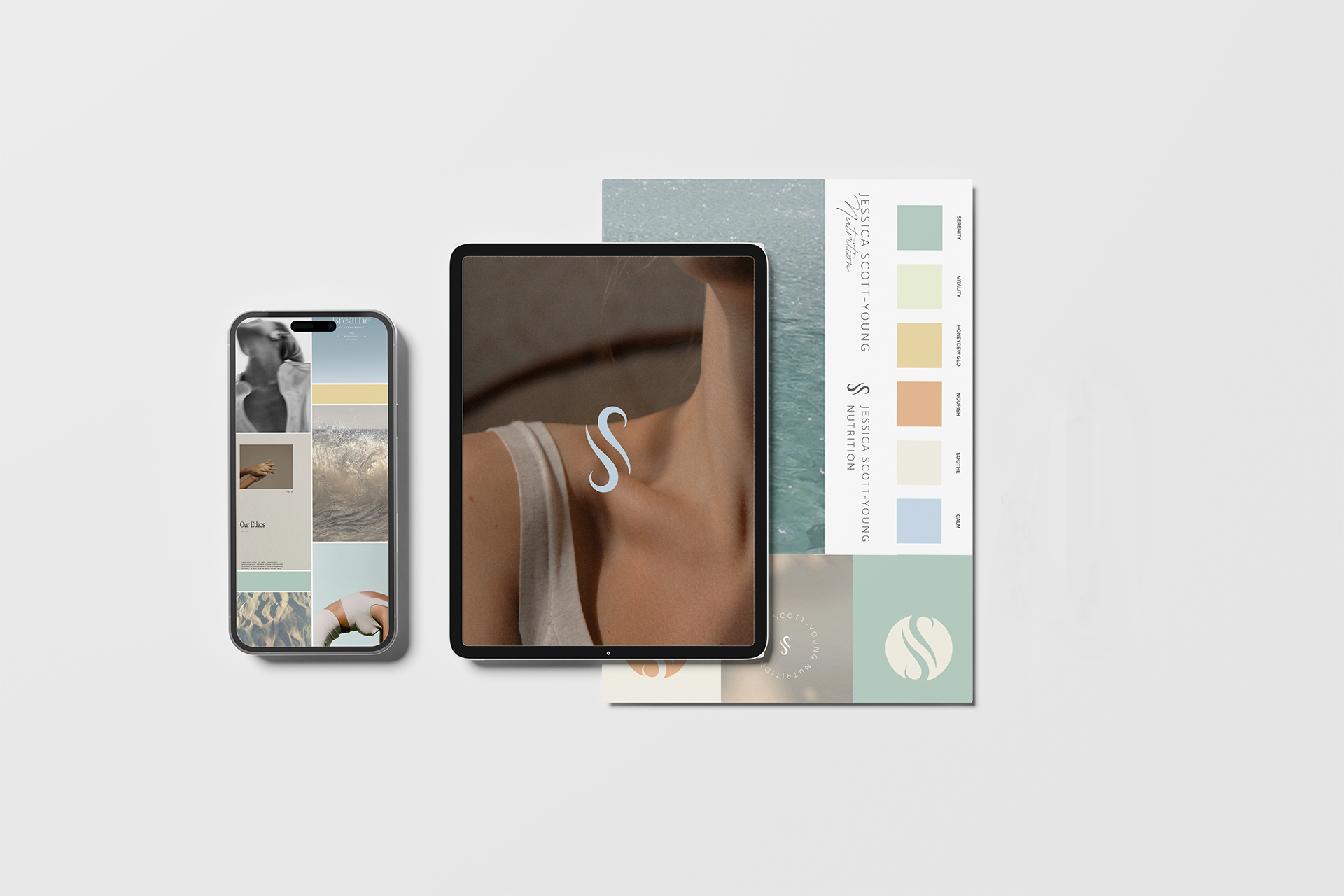 digital mockup of design branding on paper, iphone and ipad